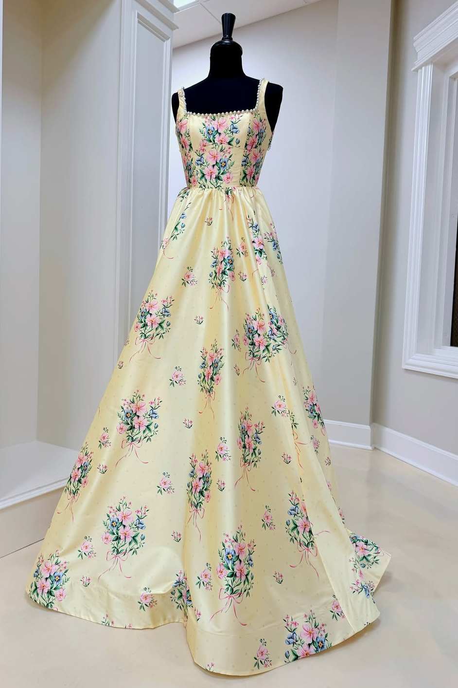 Pearl square neck floral print A-line prom dress