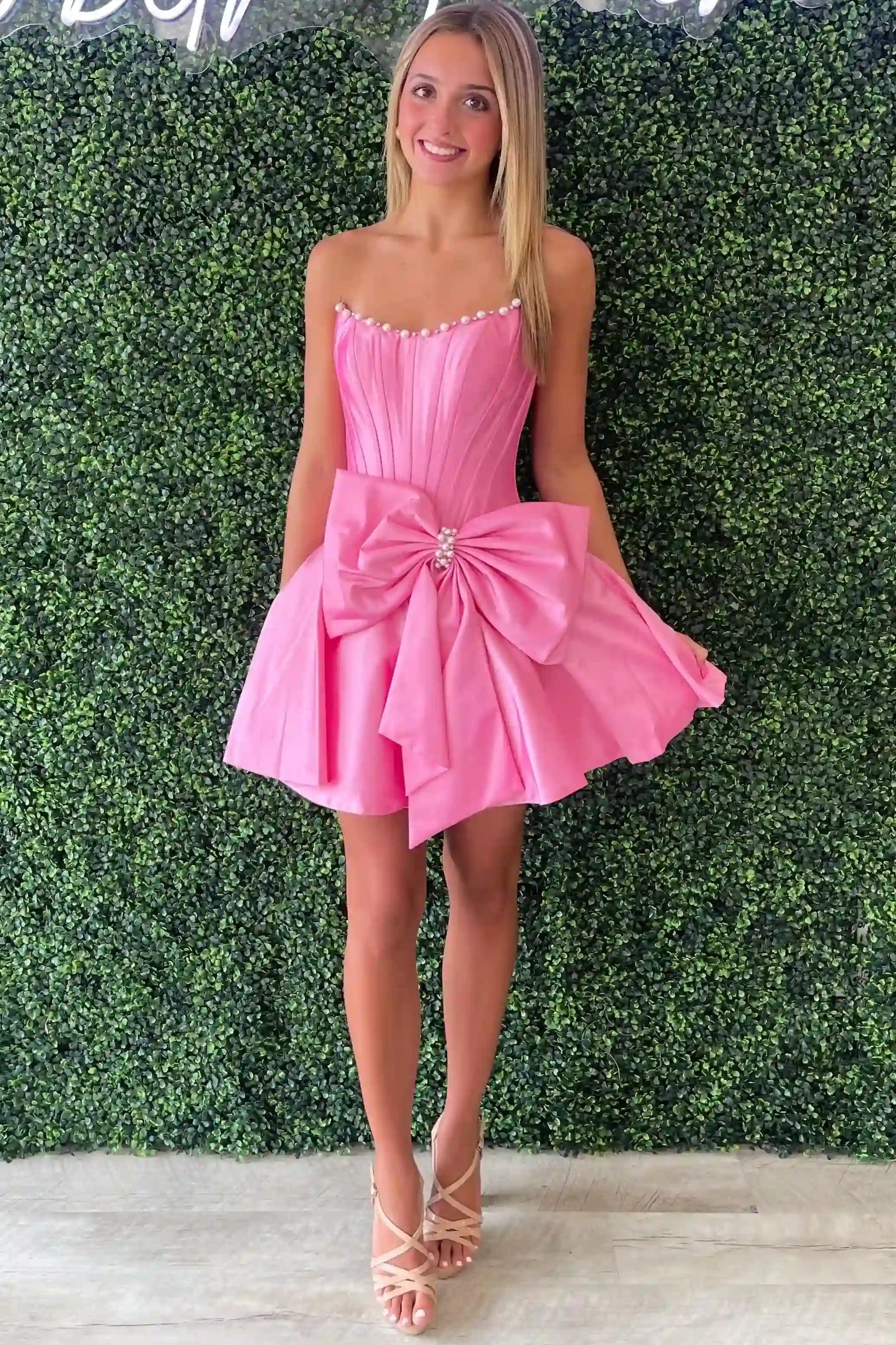 Pearl Strapless Corset Big Bow A-Line Homecoming Mini Dress