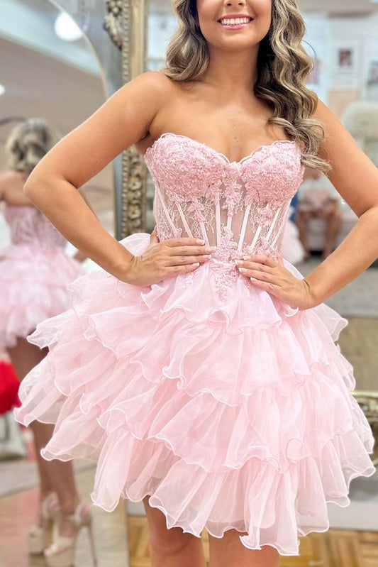 Pink Floral Lace Sheer Corset Strapless Homecoming Dress
Front Full