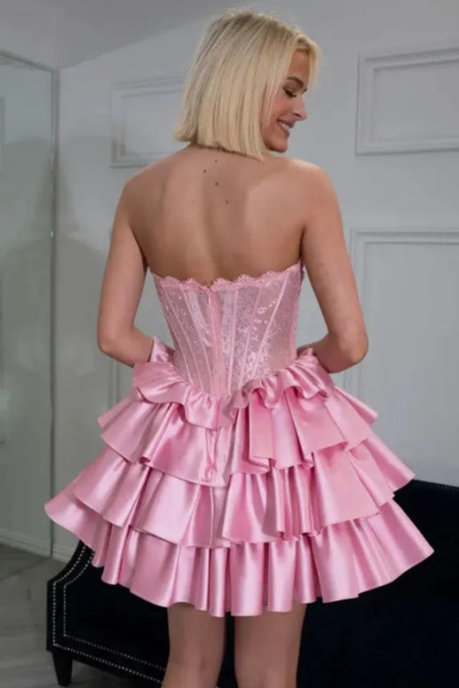 Pink Lace Corset Lace-Up Satin Tiered Ruffle Homecoming Dress