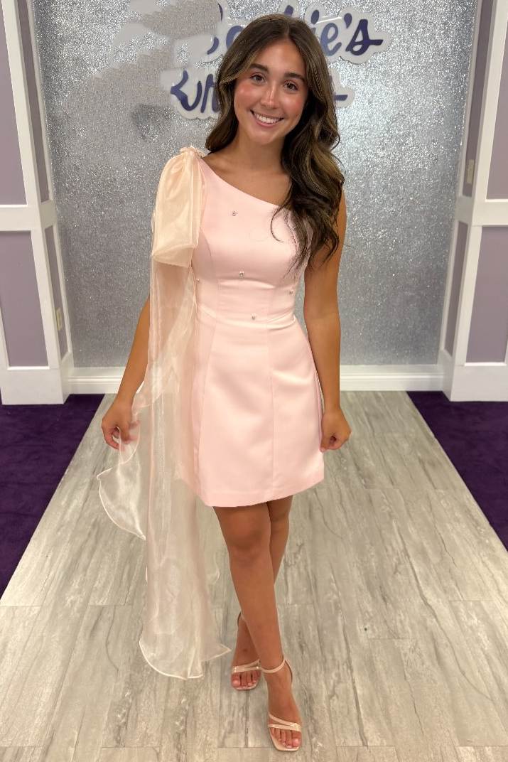 A young woman wearing a light pink one-shoulder mini dress with a sheer puff sleeve and a matching sheer overlay, standing in a boutique setting.