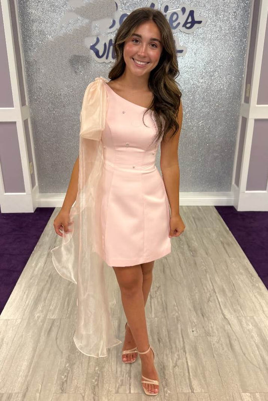 A young woman wearing a light pink one-shoulder mini dress with a sheer puff sleeve and a matching sheer overlay, standing in a boutique setting.
