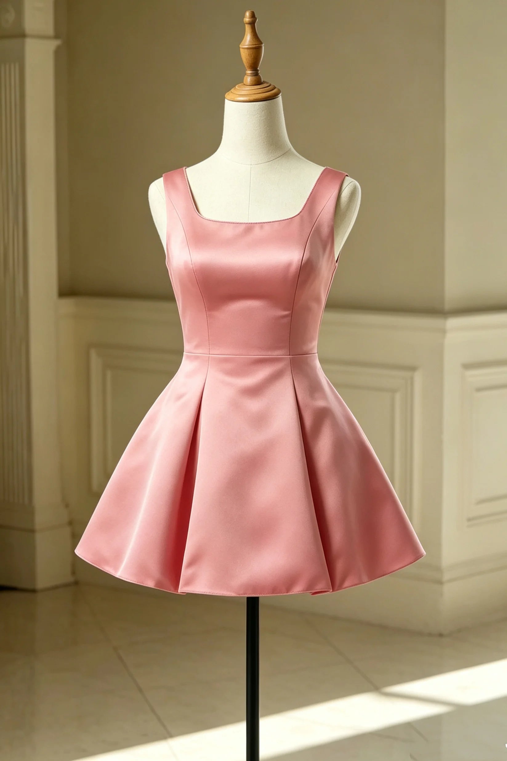 A sleeveless pink satin dress displayed on a cream mannequin torso in an indoor room with paneled walls and tiled floor.