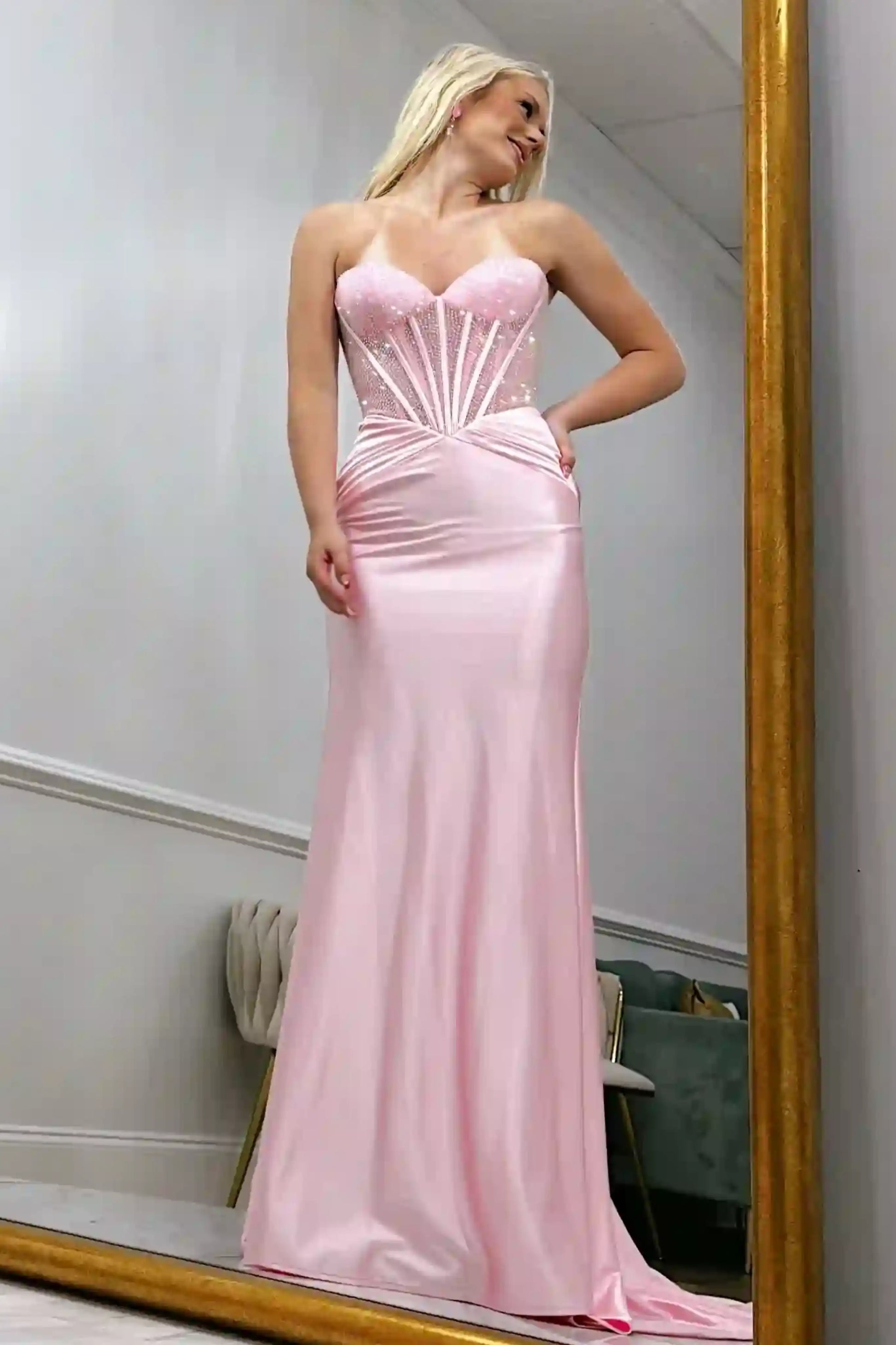 Pink sweetheart rhinestone sheer corset prom dress with slit
