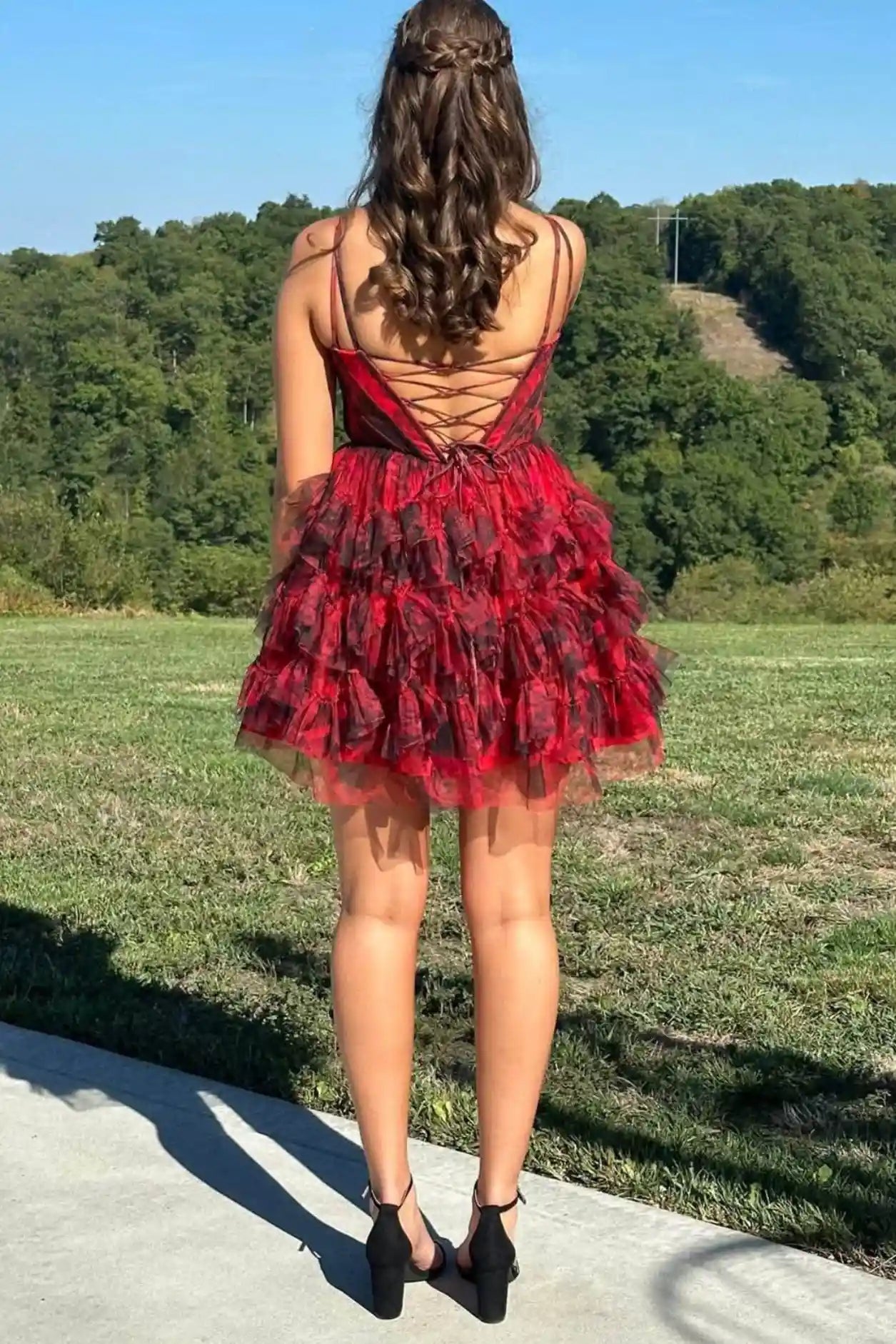 Red Black Floral Spaghetti Strap Tiered Homecoming Mini Dress