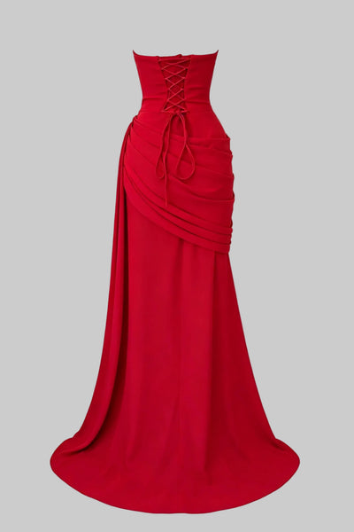 Red strapless ruched bodycon maxi dress with sweep train