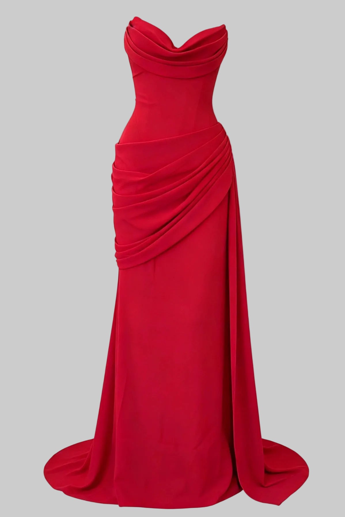 Red Strapless Ruched Bodycon Maxi Dress with Sweep Train