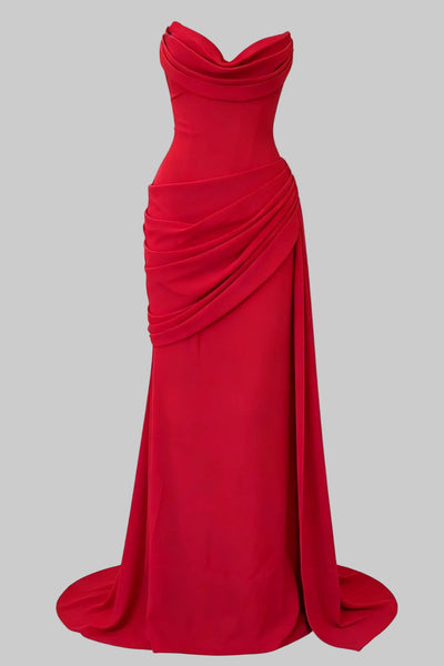 Red strapless ruched bodycon maxi dress with sweep train
