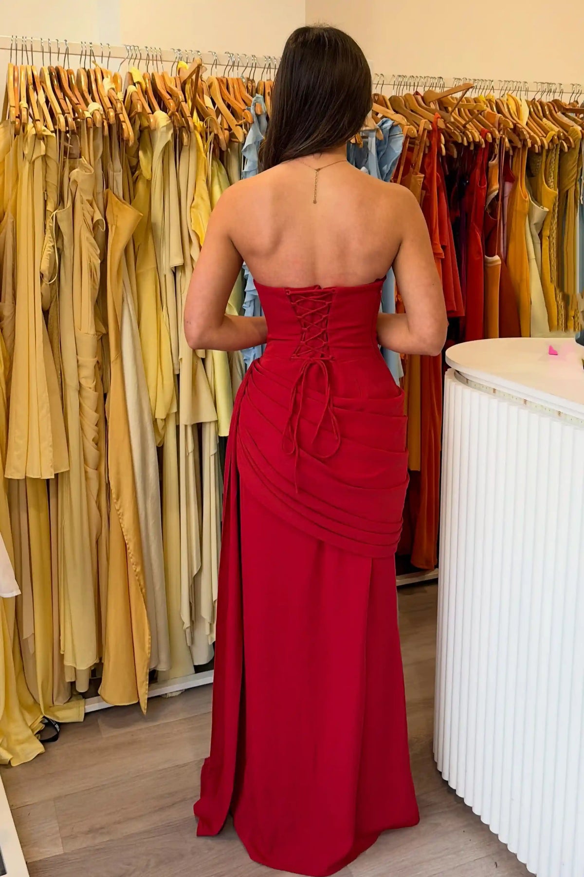 Red Strapless Ruched Bodycon Maxi Dress with Sweep Train