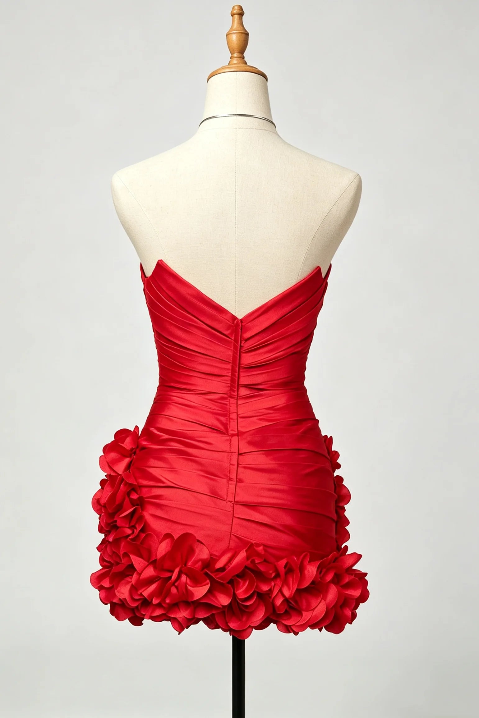 Red Strapless Ruched Homecoming Dress with 3D Floral Asymmetrical