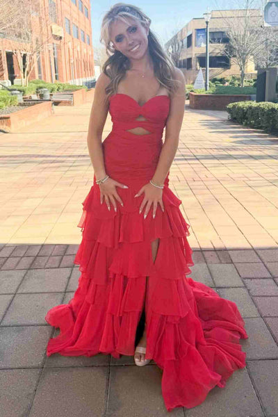 Red sweetheart cutout waist corset mermaid prom dress