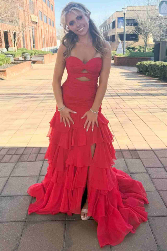 Red sweetheart cutout waist corset mermaid prom dress