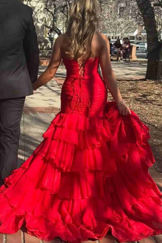 Back view of red sweetheart cutout waist corset mermaid prom dress