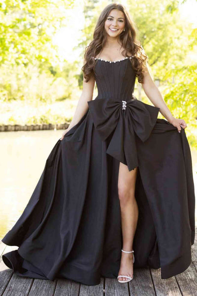 Rhinestone strapless slit black prom dress with bow