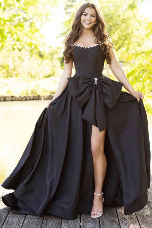 Rhinestone strapless slit black prom dress with bow