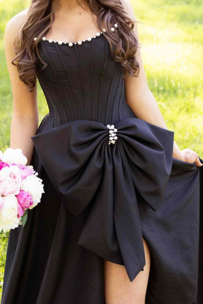 Rhinestone strapless slit black prom dress with bow