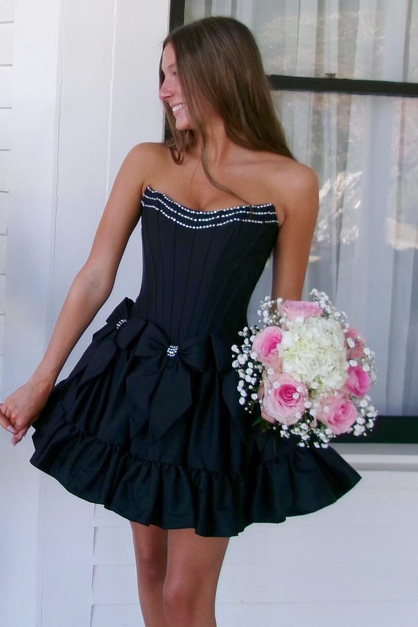 Rhinestone black strapless trim strapless corset homecoming dress Front Full