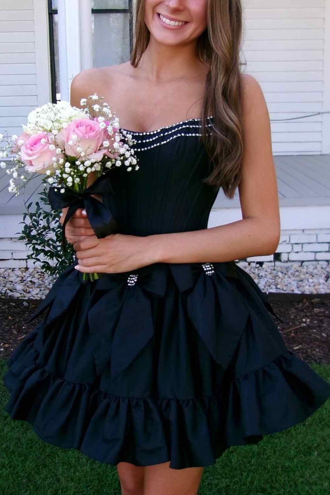 Rhinestone Black Strapless Trim Strapless Corset Homecoming Dress