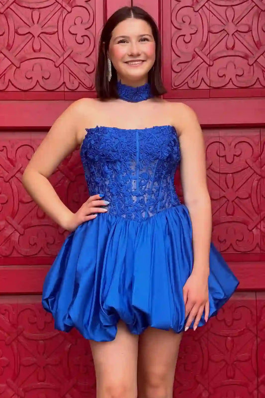 Royal Blue Beaded Applique A-Line Satin Homecoming Dress Front Full