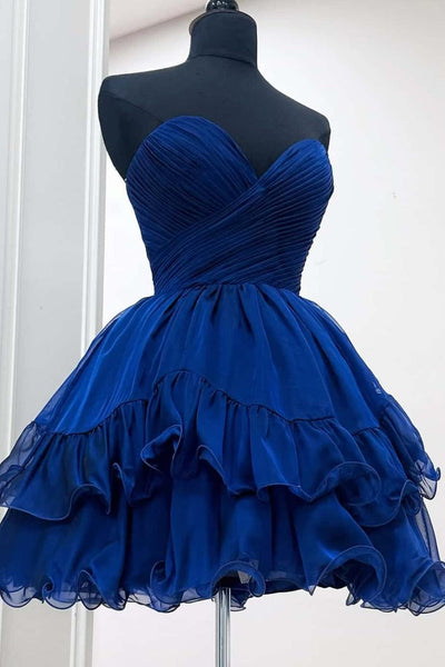 Royal blue pleated strapless corset homecoming dress