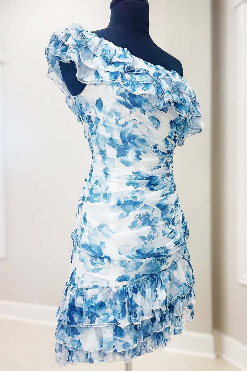 Ruffle trim one shoulder blue floral print homecoming dress