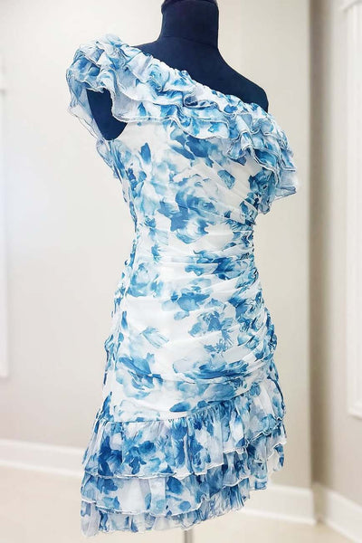 Ruffle trim one shoulder blue floral print homecoming dress