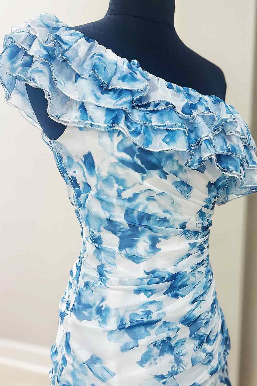 Ruffle Trim One Shoulder Blue Floral Print Homecoming Dress