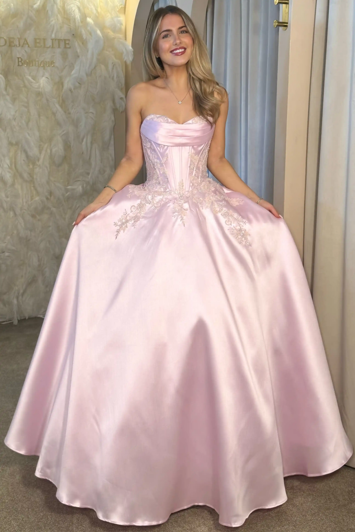 Light pink satin strapless applique a line prom dress