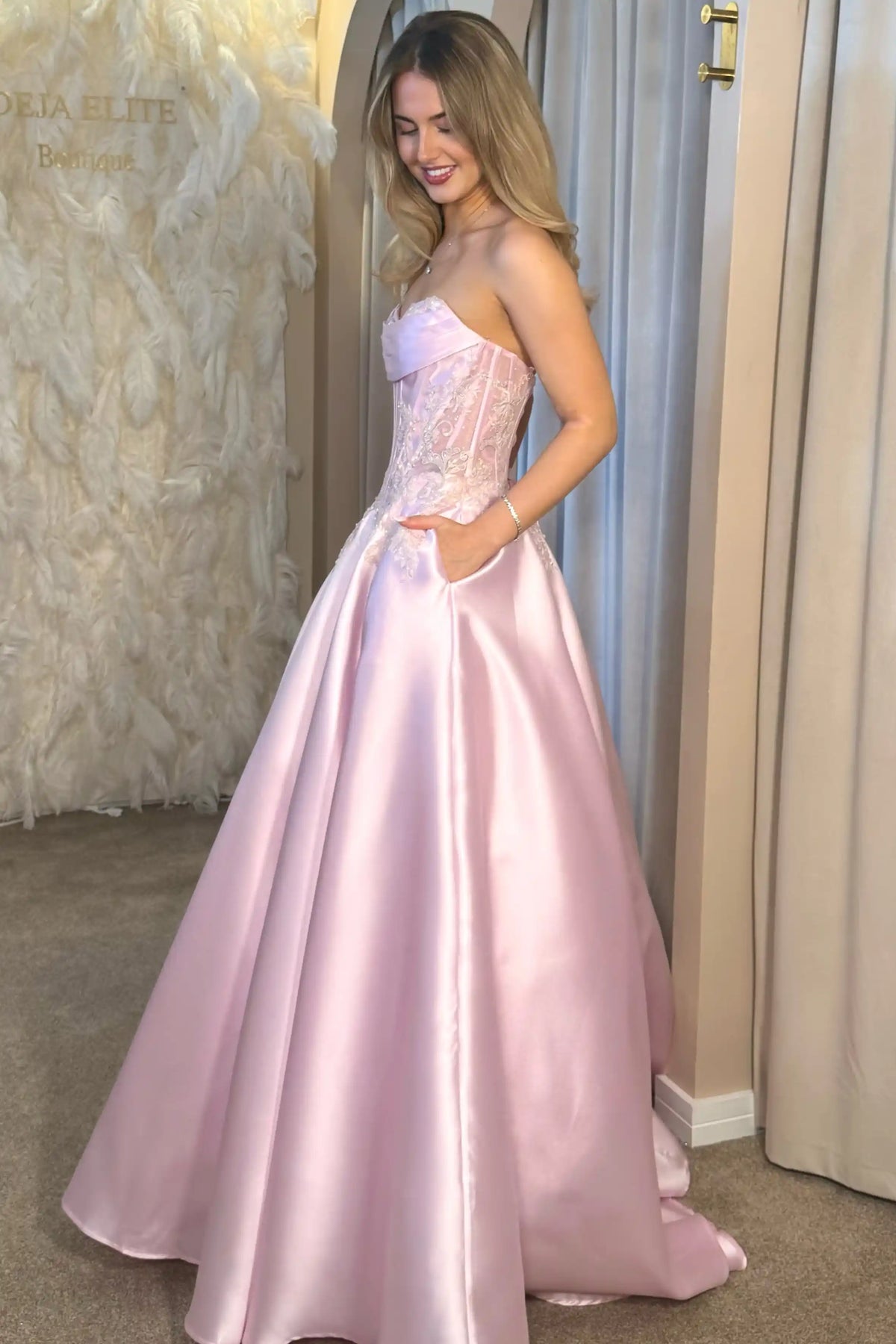 Satin Light Pink Strapless Applique A-Line Satin Prom Dress