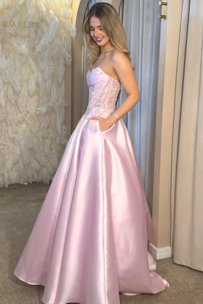 Light pink satin strapless applique a line prom dress