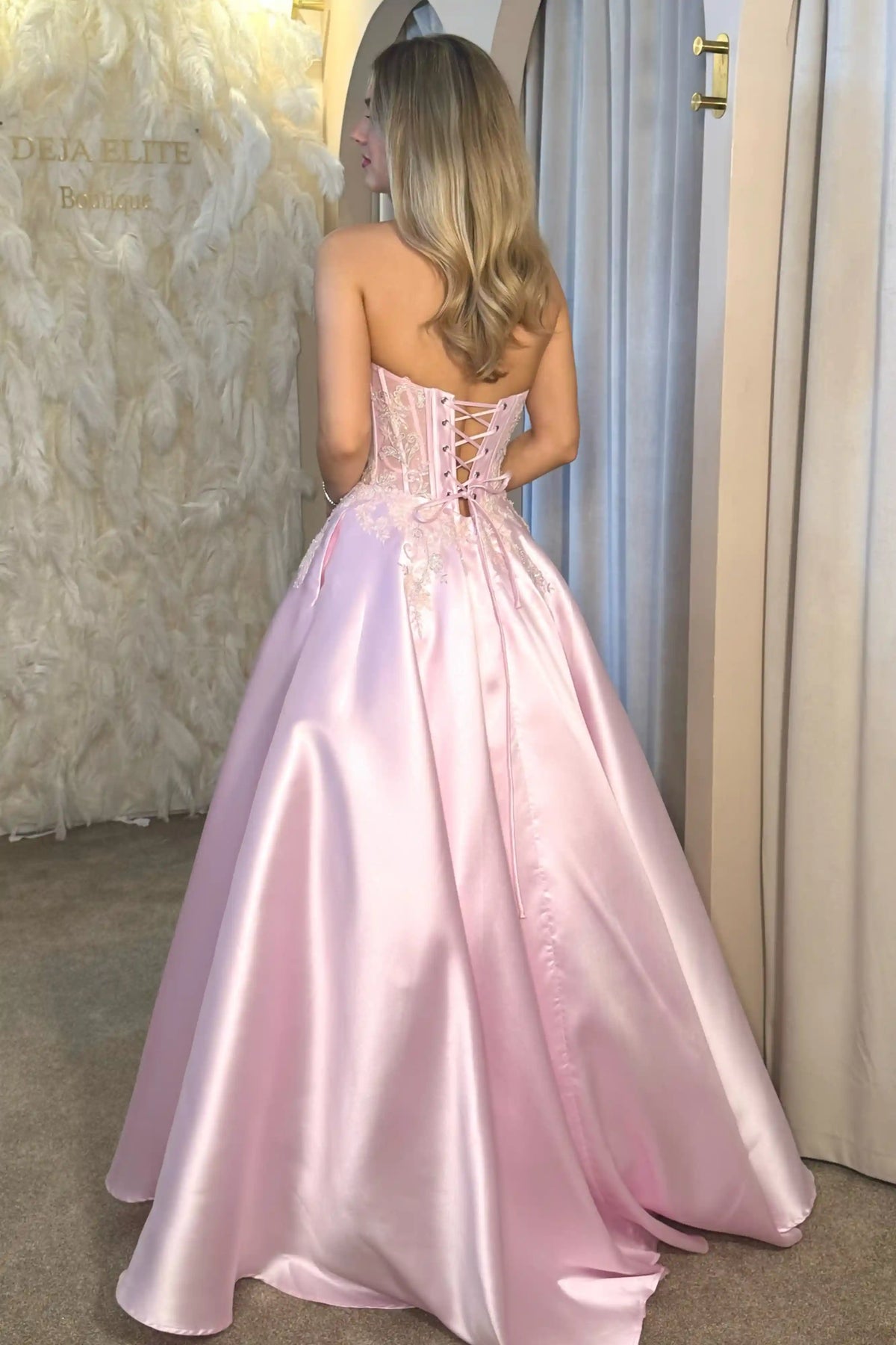 Satin Light Pink Strapless Applique A-Line Satin Prom Dress