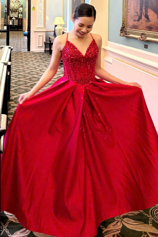 Sequin spaghetti strap red prom dress with lace-up