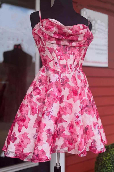 Sheer pink rose floral spaghetti strap corset mini party dress
