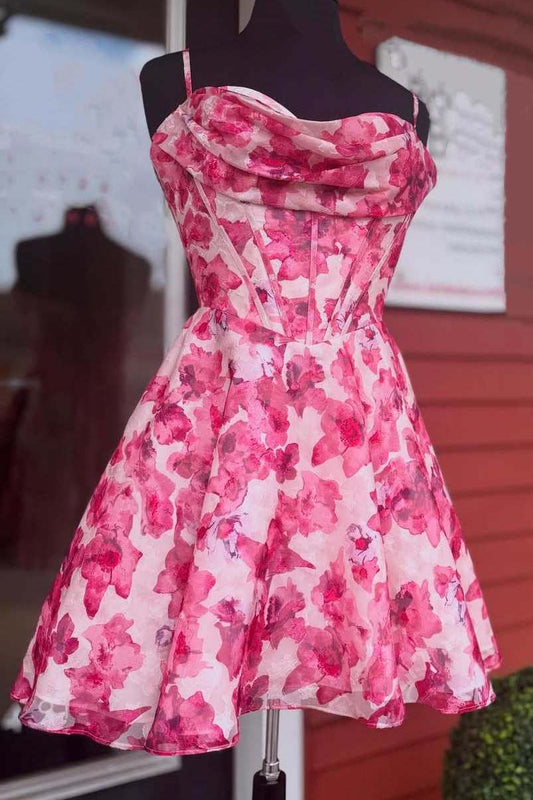 Sheer pink rose floral spaghetti strap corset mini party dress
