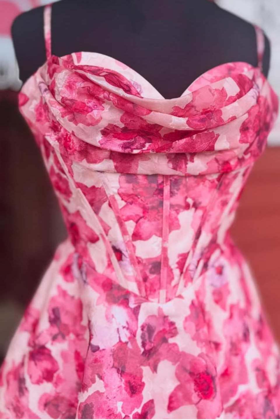 Sheer Pink Rose Floral Spaghetti Strap Corset Mini Party Dress