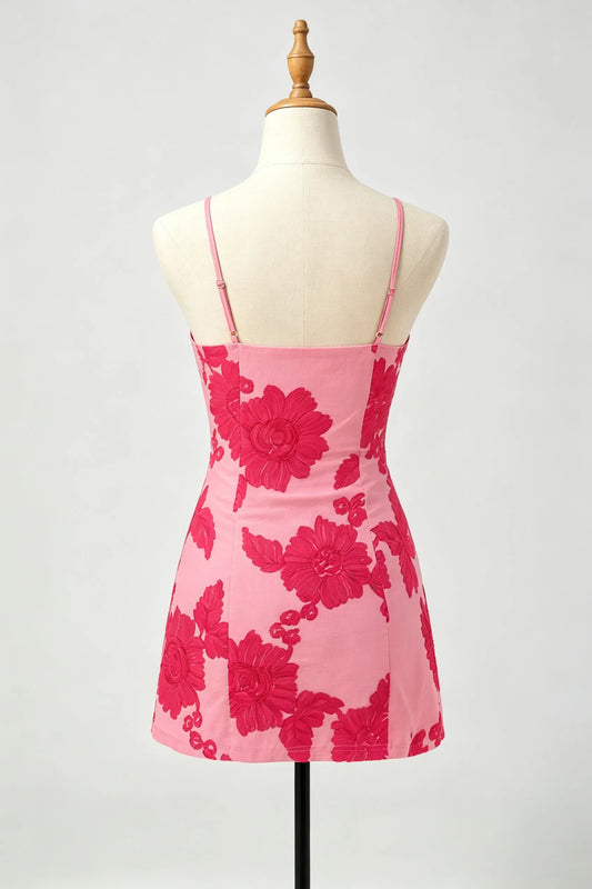 Back view of spaghetti strap floral applique bodycon homecoming dress