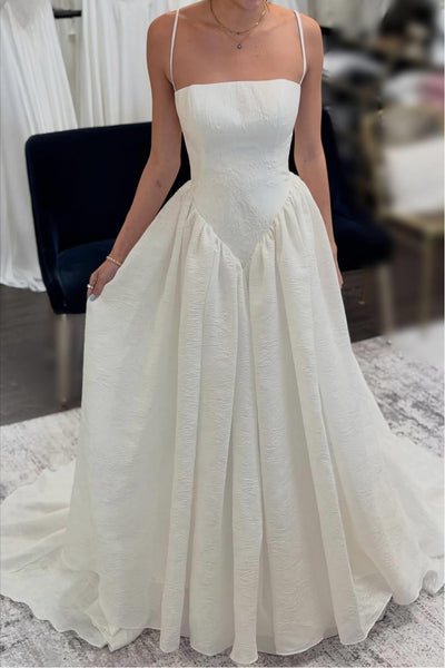 Spaghetti Strap Ivory Textured A-Line Wedding Dress Front Full