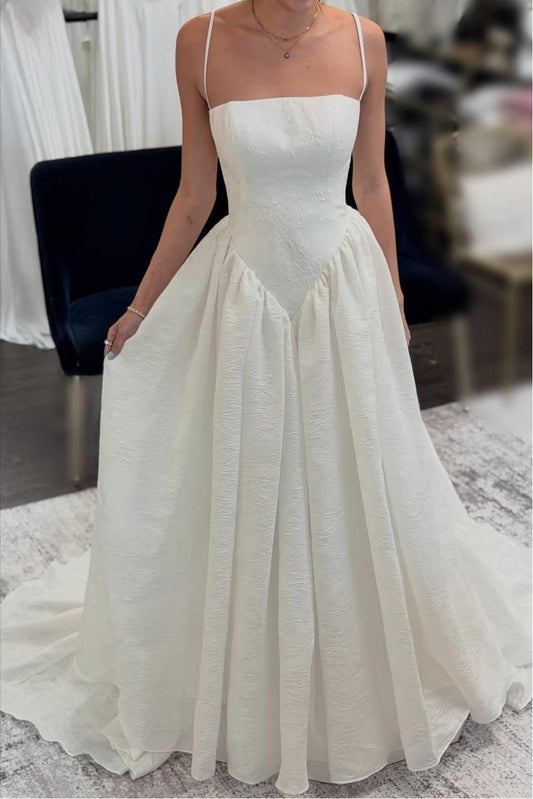 Spaghetti Strap Ivory Textured A-Line Wedding Dress Front Full