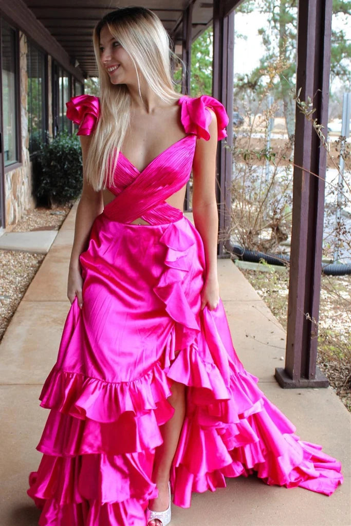 Strap Crisscross Cutout Tiered Ruffle Slit Satin Prom Dress