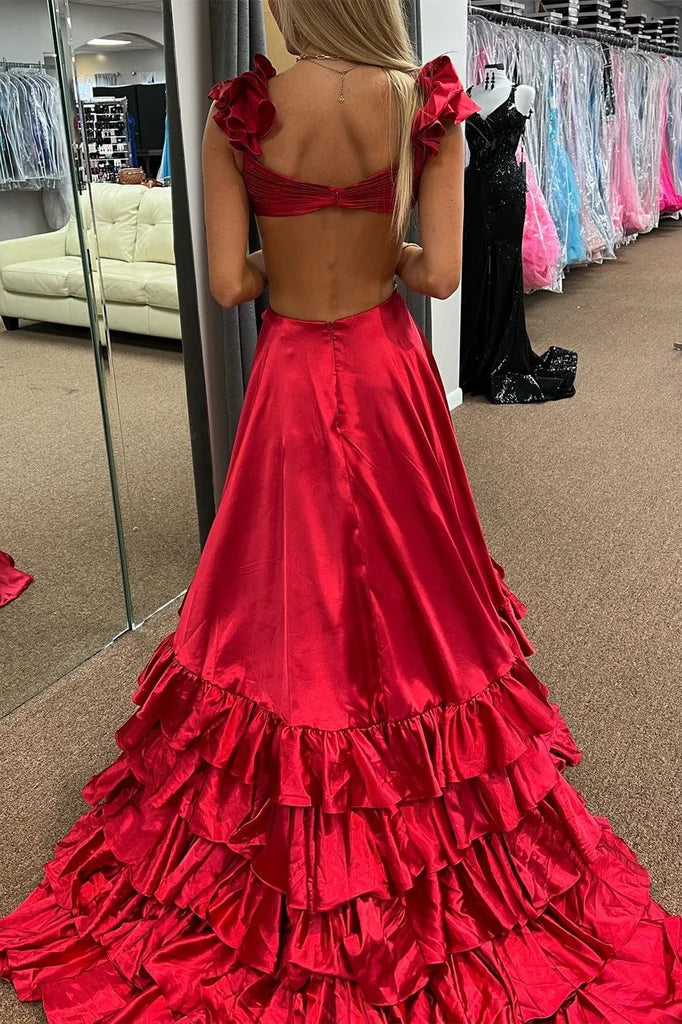 Strap Crisscross Cutout Tiered Ruffle Slit Satin Prom Dress