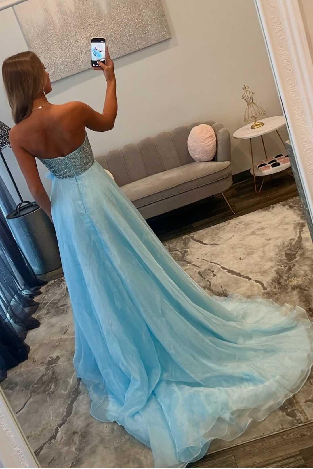Strapless A-Line Slit Prom Dress with Rhinestone Bodice
