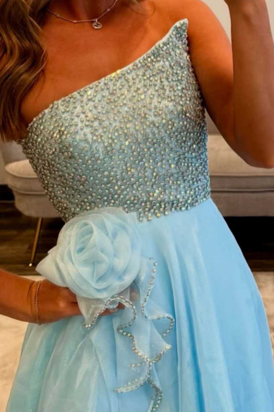 Strapless A-Line Slit Prom Dress with Rhinestone Bodice