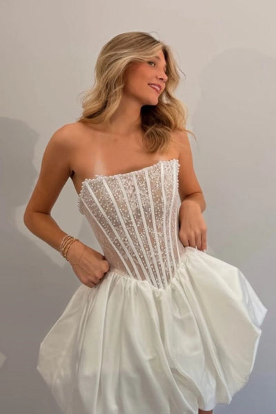 Strapless beaded lace corset puff A-line homecoming dress