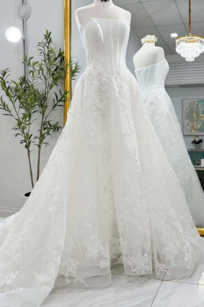 Strapless Boned Corset Floral Lace A Line Wedding Dress