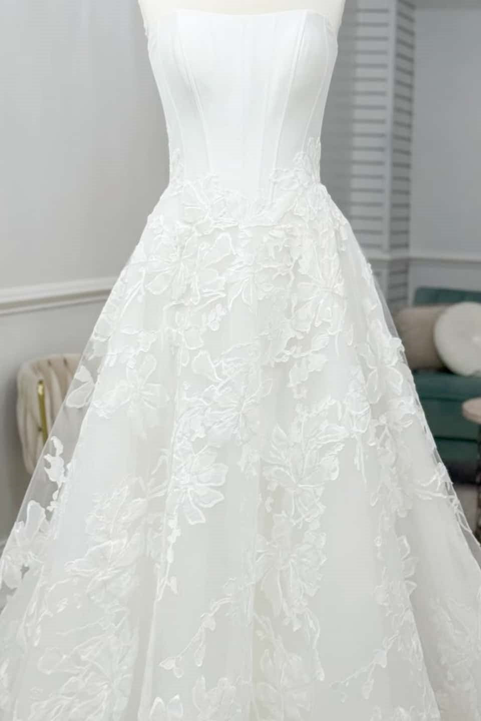 Strapless Boned Corset Floral Lace A Line Wedding Dress