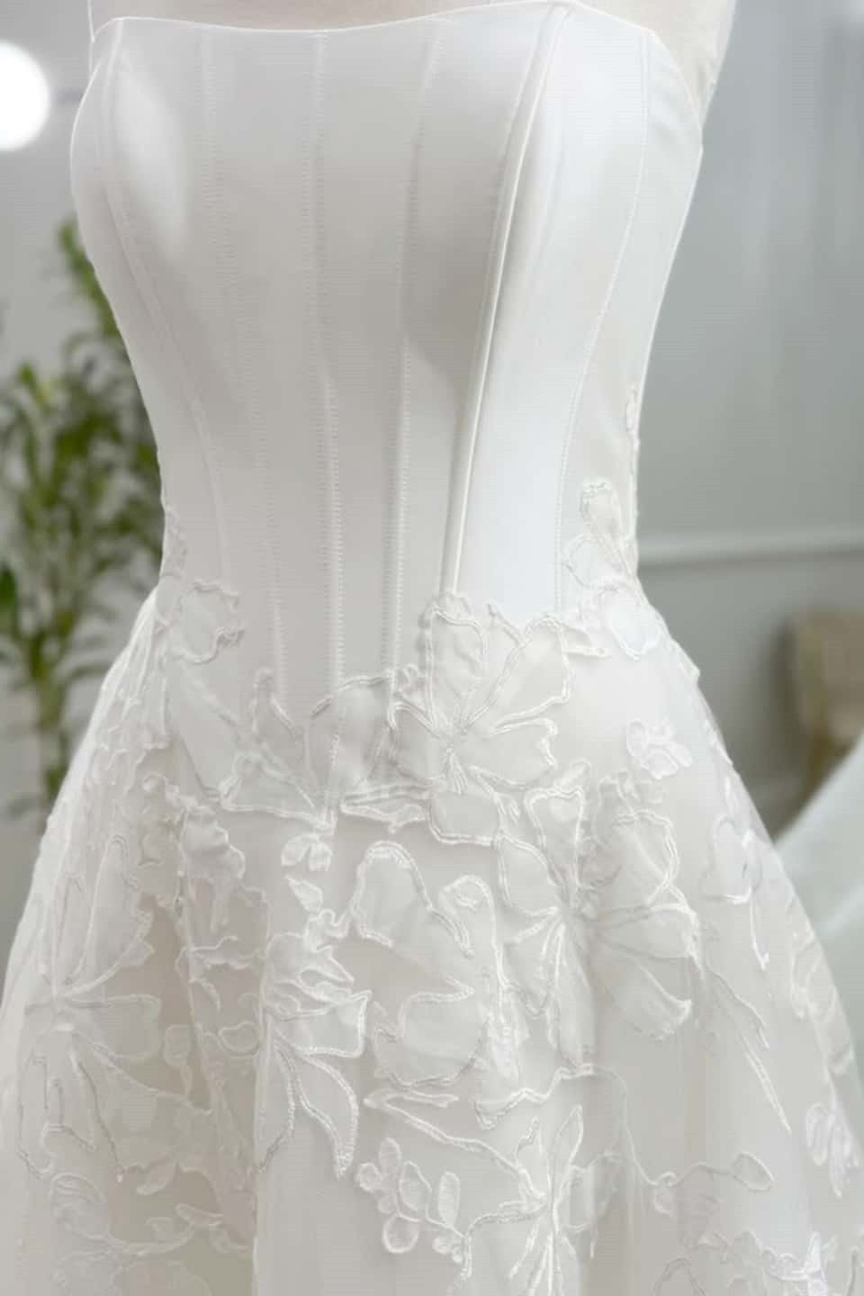 Strapless Boned Corset Floral Lace A Line Wedding Dress