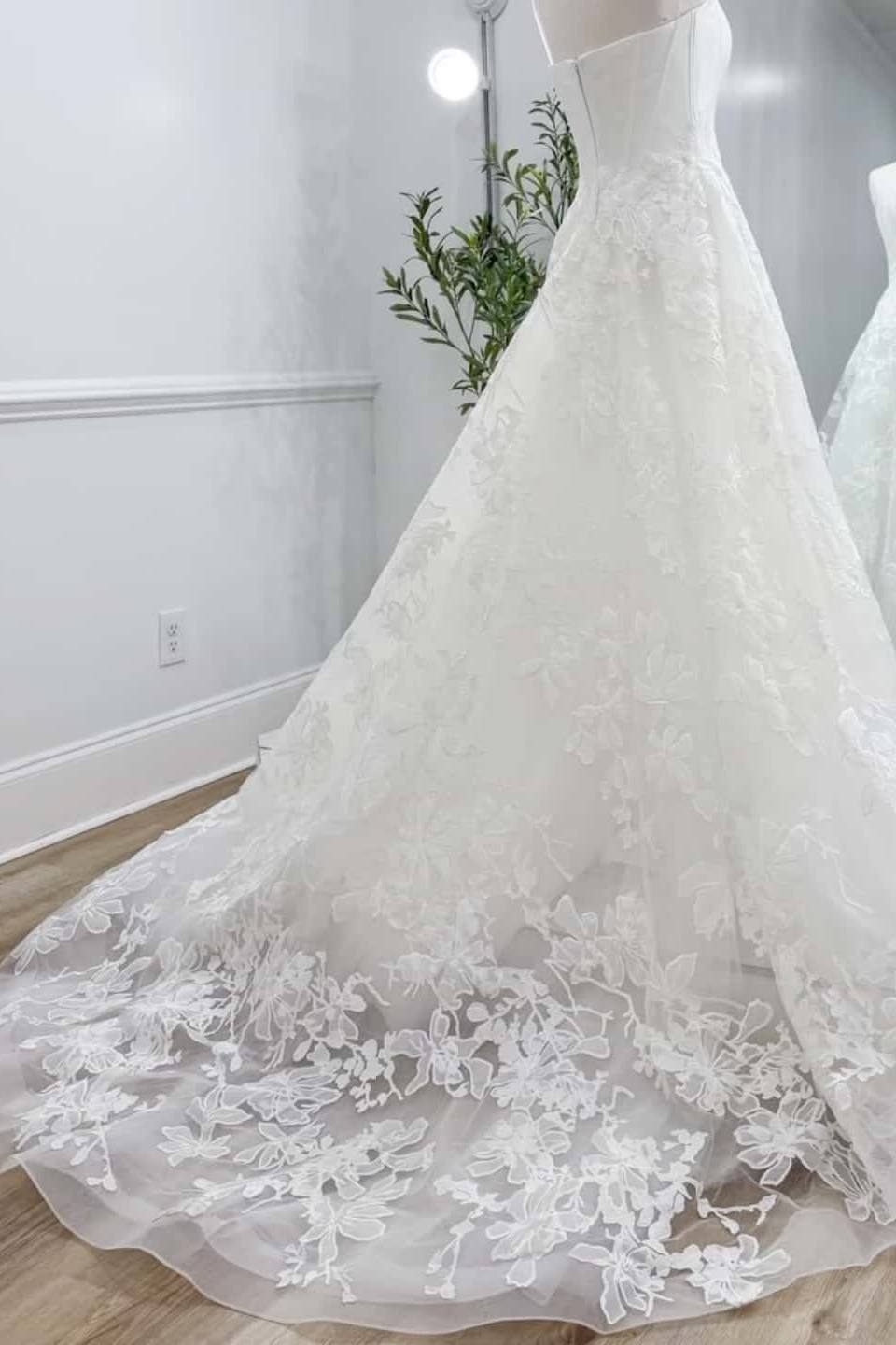 Strapless Boned Corset Floral Lace A Line Wedding Dress