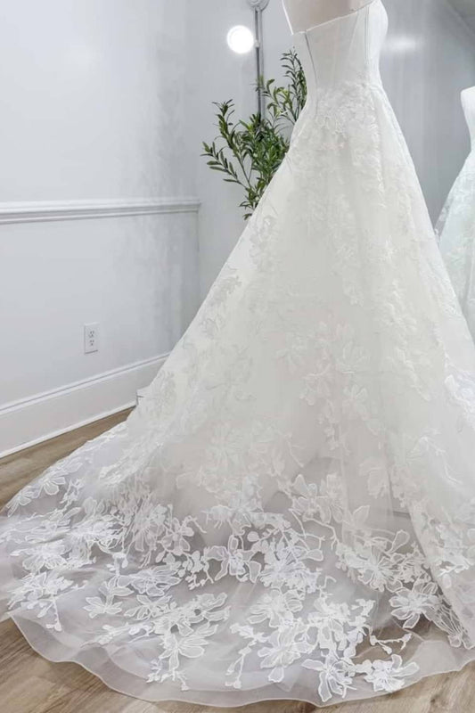 Back view of strapless boned corset floral lace A-line wedding dress