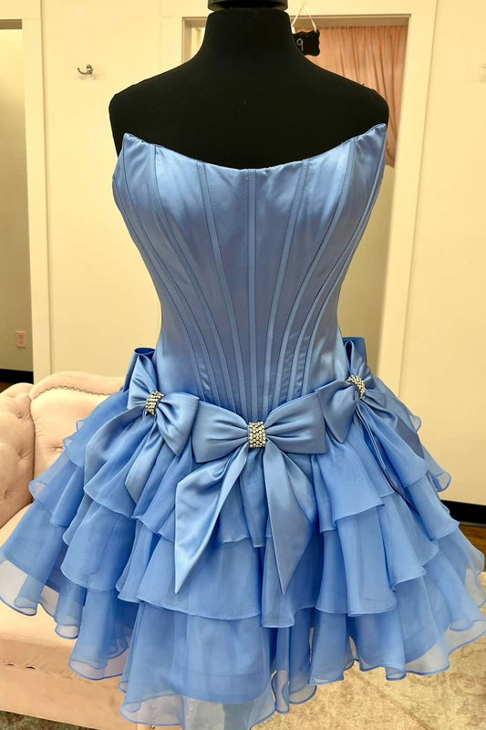 Strapless corset blue satin homecoming dress with rhinestone embellishments
