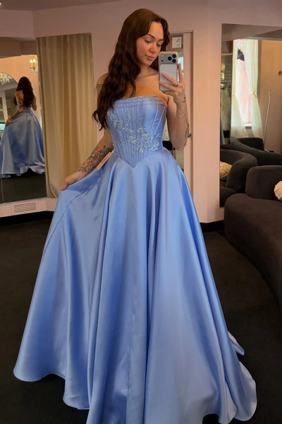 Blue strapless floral applique corset A-line satin prom dress